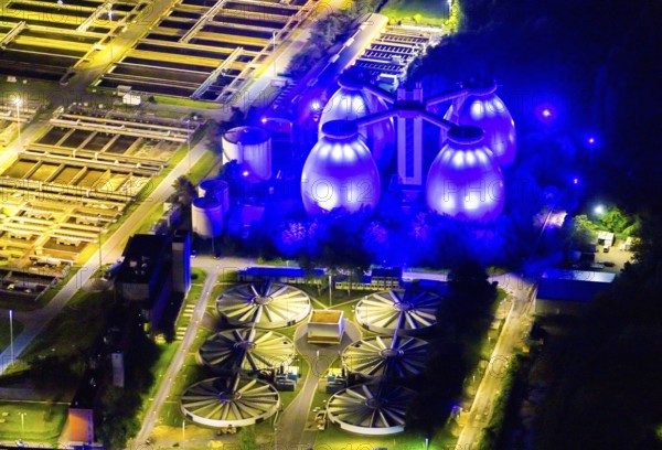Aerial view, Emschergenossenschaft Klärwerk Bottrop, Welheim, Bottrop, Ruhr area, North Rhine-Westphalia, Germany, outdoor lighting, DE, twilight, Europe, sewage treatment plant, sewage treatment plant Bottrop, light pollution, aerial photograph, aerial photography, night aerial photograph, streetlights, street lamps, overview, bird's eye view, illuminated, illuminated houses, illuminated house, birds-eyes view, artificial light, night, nightflight, overview