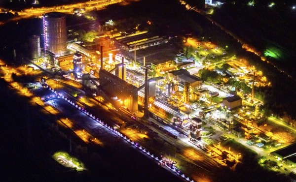 Aerial view, Prosper coking plant, Boy, Bottrop, Ruhr area, North Rhine-Westphalia, Germany, outdoor lighting, Prosper-Haniel mine, DE, twilight, Essen, Europe, gasometer, commercial enterprises, commercial area, commercial area, commercial use, industrial area, industrial site, coking plant Bottrop, light pollution, aerial photography, aerial photography, night aerial photography, streetlights, street lamps, overview, bird's eye view, illuminated, illuminated houses, illuminated house, birds-eyes view, artificial light, night, nightflight, overview