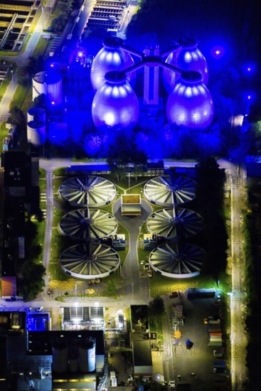 Aerial view, Emschergenossenschaft Klärwerk Bottrop, Welheim, Bottrop, Ruhr area, North Rhine-Westphalia, Germany, outdoor lighting, DE, twilight, Europe, sewage treatment plant, sewage treatment plant Bottrop, light pollution, aerial photograph, aerial photography, night aerial photograph, streetlights, street lamps, overview, bird's eye view, illuminated, illuminated houses, illuminated house, birds-eyes view, artificial light, night, nightflight, overview