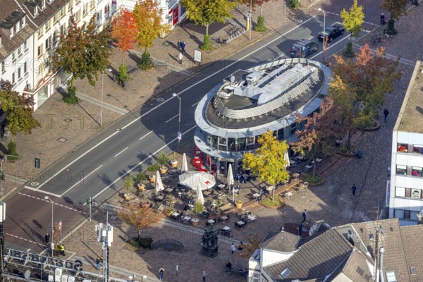 Aerial view, Oval building at the Pferdemarkt with the Cafe Extrablatt in the district Altstadt in Bottrop, Ruhr area, North Rhine-Westphalia, Germany, outdoor catering, beer garden, Bottrop, café, DE, food and drink, Europe, restaurant, gastronomy, aerial view, aerial photography, aerial photography, restaurant, parasols, overview, bird's-eye view, overview