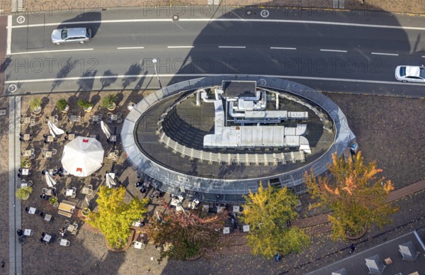 Aerial view, Oval building at the Pferdemarkt with the Cafe Extrablatt in the district Altstadt in Bottrop, Ruhr area, North Rhine-Westphalia, Germany, outdoor catering, beer garden, Bottrop, café, DE, food and drink, Europe, restaurant, gastronomy, aerial view, aerial photography, aerial photography, restaurant, parasols, overview, bird's-eye view, overview