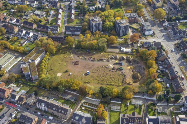 Aerial view, construction site at the sports field Westring corner Neustraße in the district Süd-West in Bottrop, Ruhr area, North Rhine-Westphalia, Germany, construction work, construction area, construction site, construction project, construction site, Bottrop, DE, Europe, aerial view, aerial photography, aerial photography, sports facilities, sports field, sports facility, overview, bird's-eye view, bird's-eye view, overview