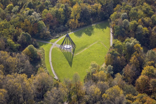 Aerial view, pyramid sculpture with shadows in the health park Quellenbusch in the district south in Bottrop, Ruhr area, North Rhine-Westphalia, Germany, Bottrop, DE, Europe, art, aerial view, aerial photography, aerial photography, park, shadows, sculpture, overview, bird's-eye view, overview