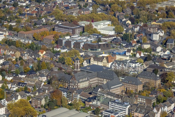 Aerial view, city centre view with town hall and university Ruhr West - Campus Bottrop in the background in the district Altstadt in Bottrop, Ruhr area, North Rhine-Westphalia, Germany, Altstadt, authority, Bottrop, City, DE, Europe, HS-Ruhrwest, university, city centre, aerial view, aerial photography, aerial photography, town hall, skyline, city centre, overview, bird's-eye view, overview