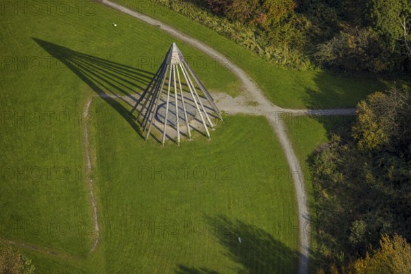 Aerial view, pyramid sculpture with shadows in the health park Quellenbusch in the district south in Bottrop, Ruhr area, North Rhine-Westphalia, Germany, Bottrop, DE, Europe, art, aerial view, aerial photography, aerial photography, park, shadows, sculpture, overview, bird's-eye view, overview