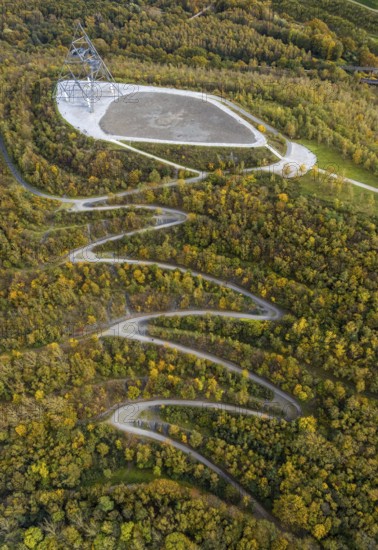 Aerial view, tetrahedron pyramid and serpentine path on the Beckstraße slag heap in the Batenbrock-Nord district of Bottrop, Ruhr area, North Rhine-Westphalia, Germany, viewing terrace, Bottrop, DE, Europe, shapes and colours, Emscherblick slag heap event, autumn forest colours, aerial view, aerial photography, aerial photography, pyramid sculpture, sight, serpentine shape, tetrahedron, overview, bird's eye view, forest area, birds-eyes view, overview, zigzag