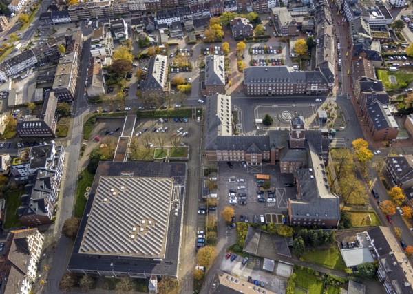 Aerial view, town hall and hall building in the district Altstadt in Bottrop, Ruhr area, North Rhine-Westphalia, Germany, authority, Bottrop, DE, Europe, culture, art, aerial view, aerial photography, aerial photography, town hall, overview, events, venue, event location, bird's eye view, birds-eyes view, cultural use, overview