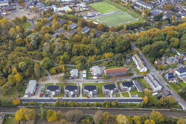 Aerial view, new housing estate Zum Haldenblick in the district Boy in Bottrop, Ruhr area, North Rhine-Westphalia, Germany, Bottrop, DE, Europe, property tax, real estate, aerial view, aerial photography, aerial photography, overview, bird's-eye view, housing estate, living and living, residential area, residential buildings, quality of living, residential neighbourhood, housing estate, birds-eyes view, overview