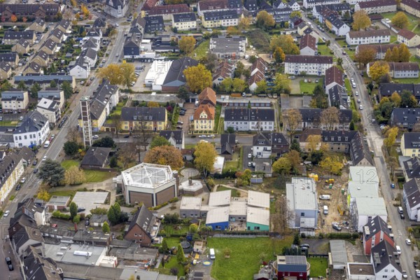 Aerial view, parish church St. Johannes, catholic kindergarten St. St. Johannes and construction site with new residential building on Klosterstraße in the Boy district of Bottrop, Ruhr area, North Rhine-Westphalia, Germany, place of worship, construction work, construction area, construction site, construction project, construction site, Bottrop, DE, Europe, religious community, house of God, holy place, kindergarten, day care centre, day care centre, church, church community, day care centre, denomination, aerial view, aerial photography, aerial photography, new building, religion, religious site, overview, bird's-eye view, overview