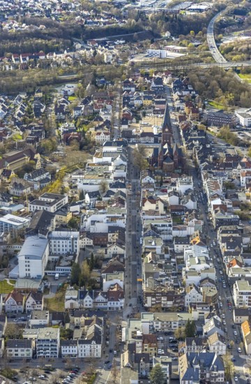 Aerial view, city centre view with cathedral of Neheim - St. Johannes-Baptist, Neheimer Markt, Neheim, Arnsberg, Sauerland, North Rhine-Westphalia, Germany, place of worship, DE, Europe, religious community, place of worship, holy place, church, parish, denomination, aerial view, aerial photography, aerial photography, market place Neheim, religion, religious site, overview, bird's-eye view, overview