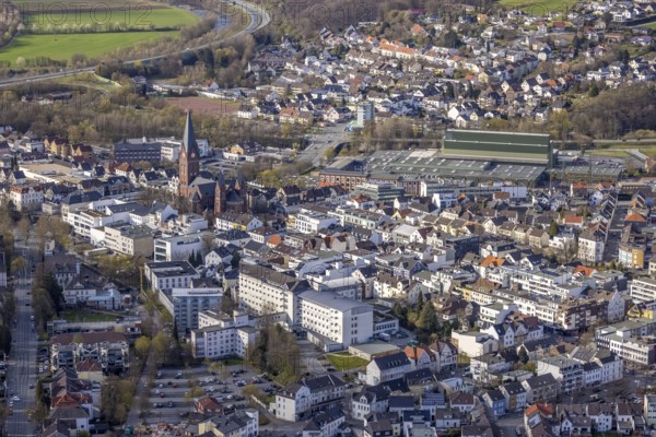 Aerial view, city centre view with cathedral of Neheim - St. Johannes-Baptist, Neheimer Markt, Neheim, Arnsberg, Sauerland, North Rhine-Westphalia, Germany, place of worship, DE, Europe, religious community, place of worship, holy place, church, parish, denomination, aerial view, aerial photography, aerial photography, market place Neheim, religion, religious site, overview, bird's-eye view, overview