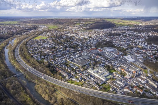 Aerial view, industrial area with Arnsberger Metallwerke, Ruhr valley cycle path and Ruhr pedestrian bridge with river Ruhr and motorway A46, town view Neheim, Arnsberg, Sauerland, North Rhine-Westphalia, Germany, City, DE, Dom, Europe, distant view, commercial enterprises, commercial area, commercial location, commercial use, industrial area, industrial location, aerial view, aerial photography, aerial photography, townscape, city area, city centre, overview, bird's eye view, bird's eye view, overview
