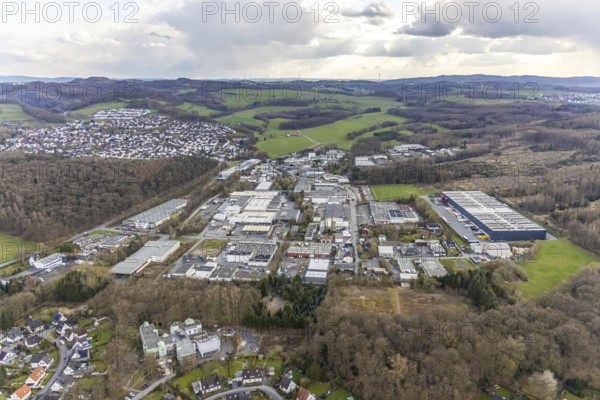 Aerial view, Wiebelsheidestraße industrial estate, Klostereichen retirement home, Hüsten, Arnsberg, Sauerland, North Rhine-Westphalia, Germany, retirement home, old people's home, care and nursing home, DE, Europe, commercial enterprises, commercial area, industrial estate, industrial park, commercial location, commercial use, industrial area, industrial location, aerial view, aerial photography, aerial photography, care facility, Rumbecker Holz, retirement home, retirement home, retirement centre, overview, bird's eye view, birds-eyes view, overview
