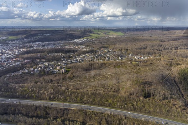Aerial photo, forest damage on the A46 motorway at Müggenberg, Neheim, Arnsberg, Sauerland, North Rhine-Westphalia, Germany, tree dieback, DE, Europe, distant view, aerial view, aerial photography, aerial photography, overview, bird's-eye view, forest, forest area, forest damage, forest dieback, birds-eyes view, overview