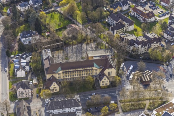 Aerial view, former Städt. Realschule Neheim, bus station, Goethestraße, Neheim, Arnsberg, Sauerland, North Rhine-Westphalia, Germany, education, educational institution, bus stop, buses, DE, Europe, educational institute, aerial view, aerial photography, aerial photography, bus station, secondary school, school, overview, bird's eye view, ZOB, birds-eyes view, permanently closed, overview