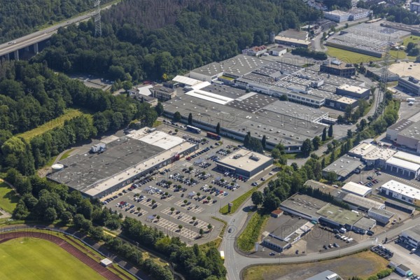 Aerial view, industrial area Westring, META-Regalbau, company premises Fritz Streiter, Bruchhausen, Arnsberg, Sauerland, North Rhine-Westphalia, Germany, DE, Europe, commercial enterprises, commercial area, commercial location, commercial use, Hochsauerlandkreis, industrial area, industrial location, Interprint GmbH, aerial photograph, aerial photography, aerial photography, META-Regalbau GmbH, overview, bird's-eye view, birds-eyes view, overview