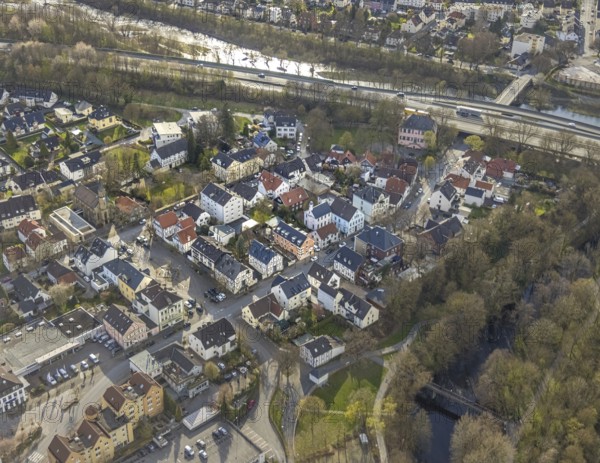 Aerial view, residential area and Gransauplatz, Burg Fresekenhof on the A46 motorway, Neheim, Arnsberg, Sauerland, North Rhine-Westphalia, Germany, Burg, DE, Europe, aerial view, aerial photography, aerial photography, market place, square, overview, bird's-eye view, overview