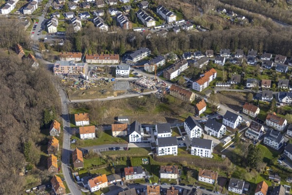 Aerial view, construction site and new construction of a multi-family housing estate in the residential area Zum Müggenberg, Neheim, Arnsberg, Sauerland, North Rhine-Westphalia, Germany, construction work, construction area, building site, building plots, construction project, construction site, DE, Europe, property tax, real estate, aerial view, aerial photography, aerial photography, new construction, overview, bird's eye view, residential complex, living and living, residential area, residential buildings, residential quality, residential neighbourhood, residential estate, birds-eyes view, overview