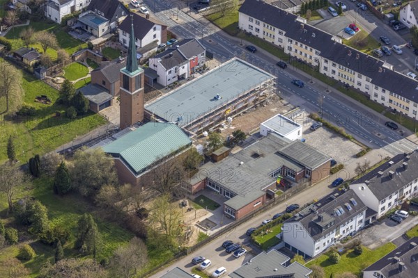 Aerial view, construction site and new building at St Paul's Church, St Paul's Protestant Kindergarten, Neheim, Arnsberg, Sauerland, North Rhine-Westphalia, Germany, place of worship, DE, Europe, religious community, place of worship, holy place, kindergarten, day-care centre, church, church community, day-care centre, denomination, aerial view, aerial photography, aerial photography, religion, religious site, overview, bird's-eye view, overview