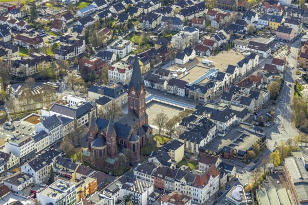 Aerial view, Cathedral of Neheim - St. Johannes-Baptist, Neheim market, Neheim, Arnsberg, Sauerland, North Rhine-Westphalia, Germany, place of worship, DE, Europe, religious community, place of worship, holy place, church, parish, denomination, aerial view, aerial photography, aerial photography, market place Neheim, religion, religious site, overview, bird's-eye view, bird's-eye view, overview