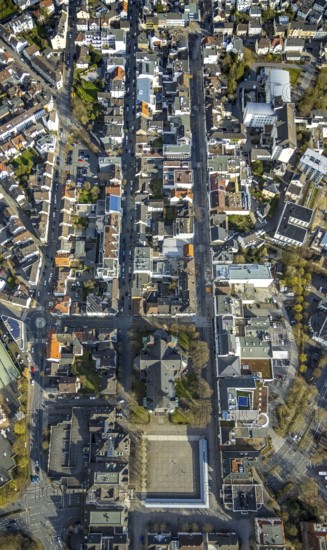 Aerial view, city centre view with cathedral of Neheim - St. Johannes-Baptist, Neheimer Markt, Neheim, Arnsberg, Sauerland, North Rhine-Westphalia, Germany, place of worship, DE, Europe, religious community, place of worship, holy place, church, parish, denomination, aerial view, aerial photography, aerial photography, market place Neheim, religion, religious site, overview, bird's-eye view, overview