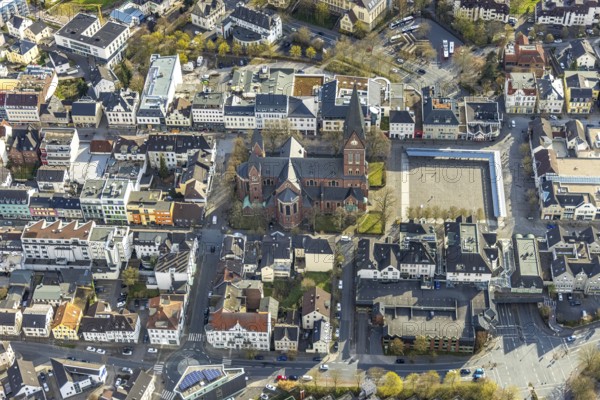 Aerial view, city centre view with cathedral of Neheim - St. Johannes-Baptist, Neheimer Markt, Neheim, Arnsberg, Sauerland, North Rhine-Westphalia, Germany, place of worship, DE, Europe, religious community, place of worship, holy place, church, parish, denomination, aerial view, aerial photography, aerial photography, market place Neheim, religion, religious site, overview, bird's-eye view, overview