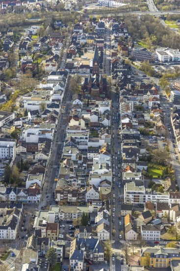 Aerial view, city centre view with cathedral of Neheim - St. Johannes-Baptist, Neheimer Markt, Neheim, Arnsberg, Sauerland, North Rhine-Westphalia, Germany, place of worship, DE, Europe, religious community, place of worship, holy place, church, parish, denomination, aerial view, aerial photography, aerial photography, market place Neheim, religion, religious site, overview, bird's-eye view, overview