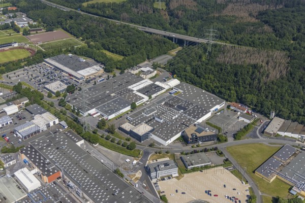Aerial view, industrial area Westring, META-Regalbau, company premises Fritz Streiter, Bruchhausen, Arnsberg, Sauerland, North Rhine-Westphalia, Germany, DE, Europe, commercial enterprises, commercial area, commercial location, commercial use, Hochsauerlandkreis, industrial area, industrial location, Interprint GmbH, aerial photograph, aerial photography, aerial photography, META-Regalbau GmbH, overview, bird's-eye view, birds-eyes view, overview