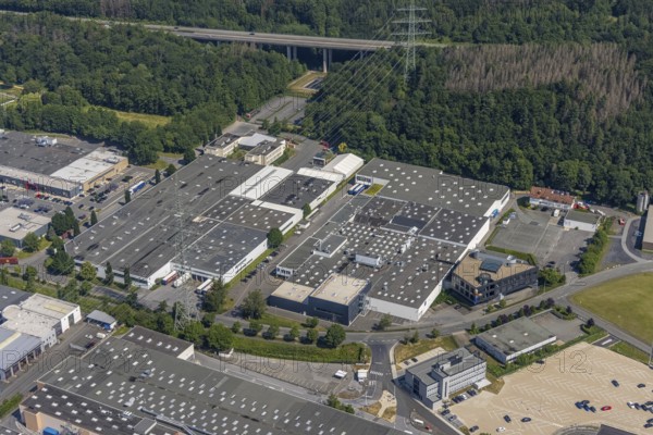 Aerial view, industrial area Westring, META-Regalbau, company premises Fritz Streiter, Bruchhausen, Arnsberg, Sauerland, North Rhine-Westphalia, Germany, DE, Europe, commercial enterprises, commercial area, commercial location, commercial use, Hochsauerlandkreis, industrial area, industrial location, Interprint GmbH, aerial photograph, aerial photography, aerial photography, META-Regalbau GmbH, overview, bird's-eye view, birds-eyes view, overview