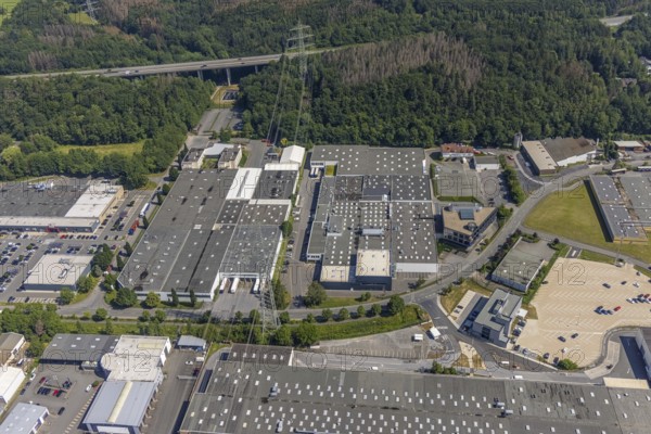 Aerial view, industrial area Westring, META-Regalbau, company premises Fritz Streiter, Bruchhausen, Arnsberg, Sauerland, North Rhine-Westphalia, Germany, DE, Europe, commercial enterprises, commercial area, commercial location, commercial use, Hochsauerlandkreis, industrial area, industrial location, Interprint GmbH, aerial photograph, aerial photography, aerial photography, META-Regalbau GmbH, overview, bird's-eye view, birds-eyes view, overview