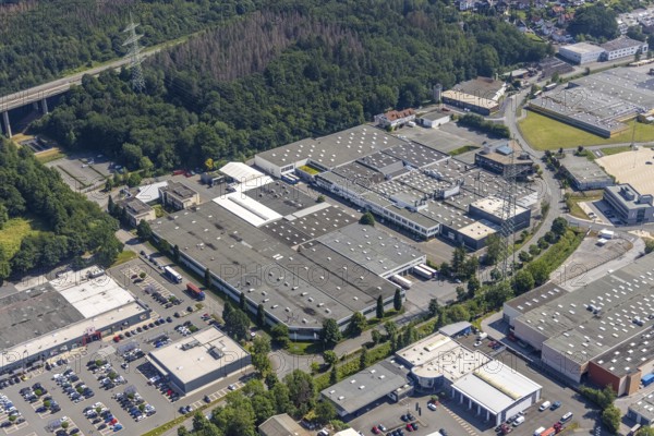 Aerial view, industrial area Westring, META-Regalbau, company premises Fritz Streiter, Bruchhausen, Arnsberg, Sauerland, North Rhine-Westphalia, Germany, DE, Europe, commercial enterprises, commercial area, commercial location, commercial use, Hochsauerlandkreis, industrial area, industrial location, Interprint GmbH, aerial photograph, aerial photography, aerial photography, META-Regalbau GmbH, overview, bird's-eye view, birds-eyes view, overview