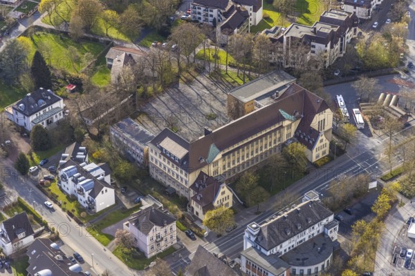 Aerial view, former Städt. Realschule Neheim, bus station, Goethestraße, Neheim, Arnsberg, Sauerland, North Rhine-Westphalia, Germany, education, educational institution, bus stop, buses, DE, Europe, educational institute, aerial view, aerial photography, aerial photography, bus station, secondary school, school, overview, bird's eye view, ZOB, birds-eyes view, permanently closed, overview