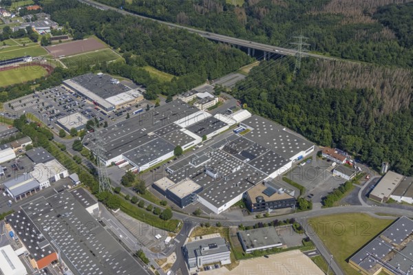 Aerial view, industrial area Westring, META-Regalbau, company premises Fritz Streiter, Bruchhausen, Arnsberg, Sauerland, North Rhine-Westphalia, Germany, DE, Europe, commercial enterprises, commercial area, commercial location, commercial use, Hochsauerlandkreis, industrial area, industrial location, Interprint GmbH, aerial photograph, aerial photography, aerial photography, META-Regalbau GmbH, overview, bird's-eye view, birds-eyes view, overview