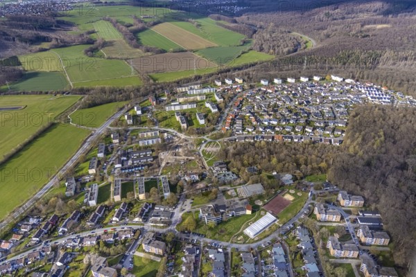 Aerial view, construction site in the residential area Moosfelder Ring and Eschenstraße, Neheim, Arnsberg, Sauerland, North Rhine-Westphalia, Germany, construction work, construction area, building site, building plots, construction project, construction site, DE, Europe, aerial view, aerial photography, aerial photography, overview, bird's-eye view, overview