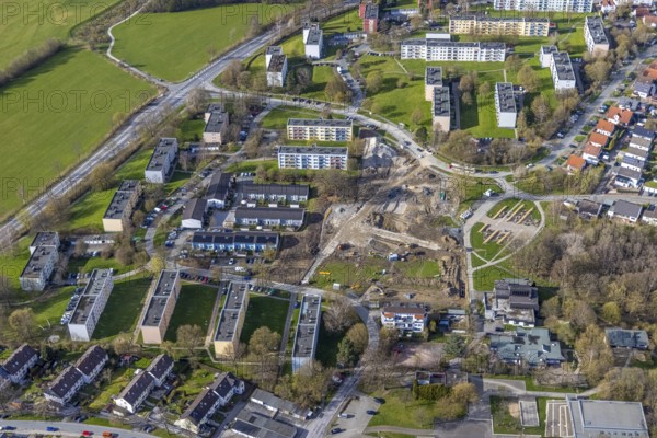 Aerial view, construction site in the residential area Moosfelder Ring and Eschenstraße, Neheim, Arnsberg, Sauerland, North Rhine-Westphalia, Germany, construction work, construction area, building site, building plots, construction project, construction site, DE, Europe, property tax, real estate, aerial photograph, aerial photography, aerial photography, terraced houses, overview, bird's eye view, residential complex, living and living, residential area, residential buildings, residential neighbourhood, housing estate, birds-eyes view, overview