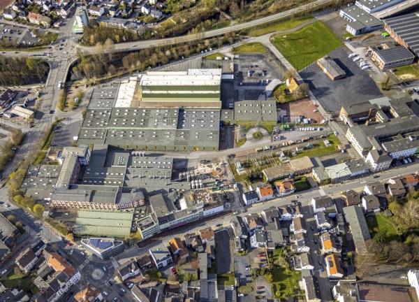 Aerial view, construction site at company premises BJB GmbH, Neheim, Arnsberg, Sauerland, North Rhine-Westphalia, Germany, construction work, construction area, construction site, construction project, construction site, DE, Europe, commercial enterprises, commercial area, commercial area, commercial location, commercial use, industrial area, industrial location, aerial view, aerial photography, aerial photography, metal processing company, overview, bird's eye view, birds-eyes view, overview