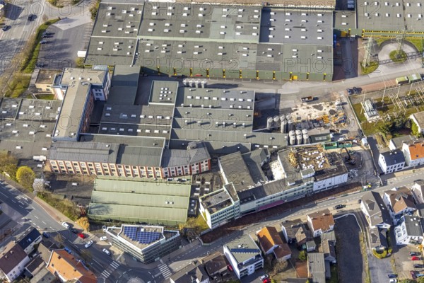 Aerial view, construction site at company premises BJB GmbH, Neheim, Arnsberg, Sauerland, North Rhine-Westphalia, Germany, construction work, construction area, construction site, construction project, construction site, DE, Europe, commercial enterprises, commercial area, commercial area, commercial location, commercial use, industrial area, industrial location, aerial view, aerial photography, aerial photography, metal processing company, overview, bird's eye view, birds-eyes view, overview
