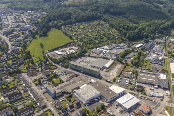 Aerial view, commercial area Zu den Schrebergärten, Cäcilienstraße, allotment garden site, Hüsten, Arnsberg, Sauerland, North Rhine-Westphalia, Germany, DE, Europe, community garden, commercial enterprises, commercial area, commercial area, commercial site, commercial use, Hochsauerlandkreis, industrial area, industrial site, KGV, allotment garden, allotment garden association, aerial view, aerial photography, aerial photography, allotment garden, overview, bird's eye view, birds-eyes view, overview