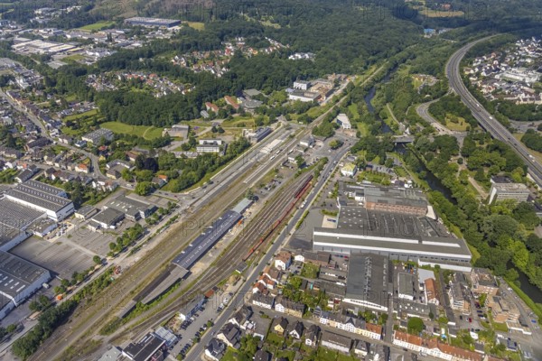 Aerial view, Neheim-Hüsten station, freight station, Hüsten, Arnsberg, Sauerland, North Rhine-Westphalia, Germany, railway tracks, vocational college, DE, Deutsche Bahn AG, Europe, main station, main railway station, Hochsauerlandkreis, aerial view, aerial photography, aerial photography, overview, bird's-eye view, overview