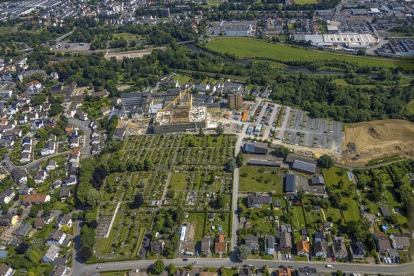 Aerial view, construction site and extension of Klinikum Hochsauerland Karolinen-Hospital Hüsten, Hüsten, Arnsberg, Sauerland, North Rhine-Westphalia, Germany