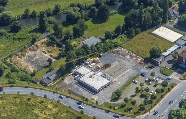 Aerial view, construction site and new construction of the rescue station Rettungsdienst Hagelstein, Hüsten, Arnsberg, Sauerland, North Rhine-Westphalia, Germany, construction work, construction area, building site, building plots, construction project, construction site, DE, Europe, Hochsauerlandkreis, aerial view, aerial photography, aerial photography, new construction, rescue station, overview, bird's-eye view, overview