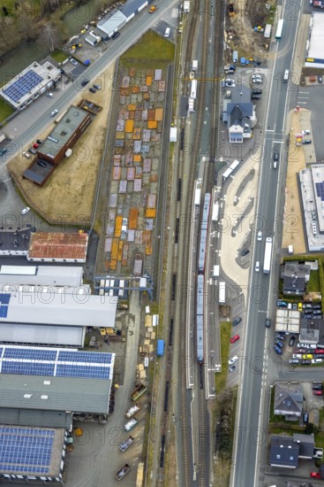 Aerial view, Bad Laasphe station, Siegerland, North Rhine-Westphalia, Germany, Bad Laasphe, railway tracks, railway station, DE, Deutsche Bahn AG, Europe, railway tracks, main station, Hbf, aerial view, aerial photography, aerial photography, overview, bird's-eye view, overview