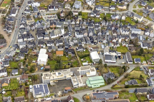 Aerial view, town centre, Städtisches Gymnasium Bad Laasphe, Evang. Church Bad Laasphe, church square, Bad Laasphe, Siegerland, North Rhine-Westphalia, Germany, old town, place of worship, education, educational institution, DE, Europe, half-timbered houses, religious community, place of worship, property tax, grammar school, holy place, church, parish, denomination, educational institute, aerial view, aerial photography, aerial photography, religion, religious site, school, overview, bird's eye view, residential complex, living and life, residential area, residential buildings, birds-eyes view, overview