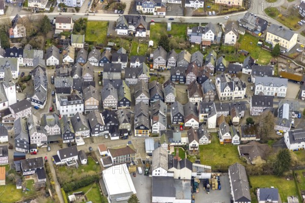 Aerial view, town centre Bad Laasphe, Siegerland, North Rhine-Westphalia, Germany, old town, Bad Laasphe, DE, Europe, half-timbered houses, property tax, aerial view, aerial photography, aerial photography, overview, bird's-eye view, residential complex, living and living, residential area, residential buildings, birds-eyes view, overview