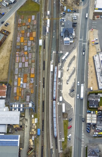 Aerial view, Bad Laasphe station, Siegerland, North Rhine-Westphalia, Germany, Bad Laasphe, railway tracks, railway station, DE, Deutsche Bahn AG, Europe, railway tracks, main station, Hbf, aerial view, aerial photography, aerial photography, overview, bird's-eye view, overview