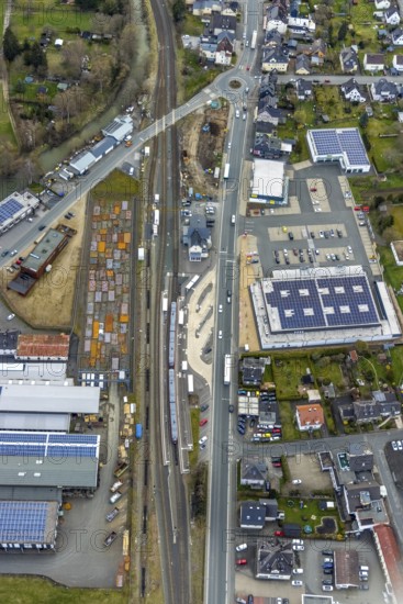 Aerial view, Bad Laasphe railway station, Siegerland, North Rhine-Westphalia, Germany, Bad Laasphe, railway tracks, railway station, DE, DTB Dachtechnik Briel, Deutsche Bahn AG, Europe, railway tracks, main railway station, main station, aerial view, aerial photography, aerial photography, metal processing company, Rewe supermarket, Slawinski & Co. GmbH, overview, bird's-eye view, birds-eyes view, overview