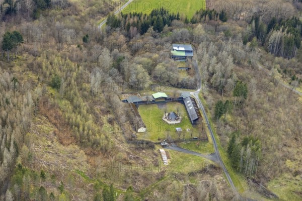 Aerial view, Bad Laaspher Schützenplatz am spa garden, Bad Laasphe, Siegerland, North Rhine-Westphalia, Germany, tree dieback, DE, Europe, aerial view, aerial photography, aerial photography, Schützenplatz, overview, bird's-eye view, forest, forest damage, forest dieback, birds-eyes view, overview