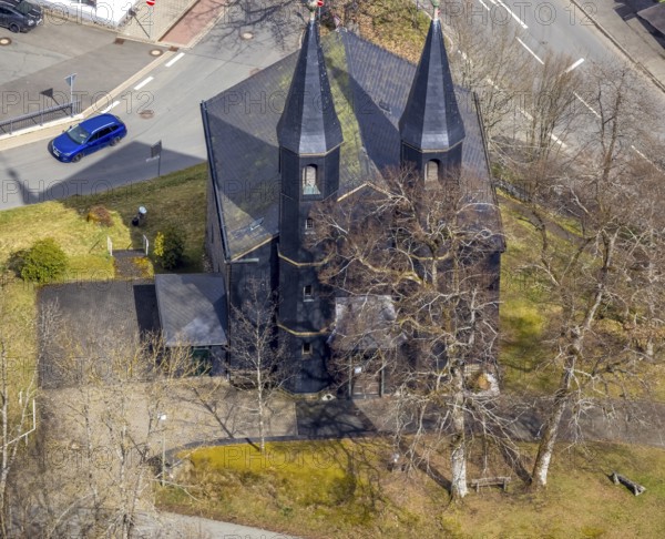 Aerial photo, Protestant church in Banfe, Bad Laasphe, Siegerland, North Rhine-Westphalia, Germany, DE, Europe, aerial view, aerial photography, aerial photography, overview, bird's-eye view, overview