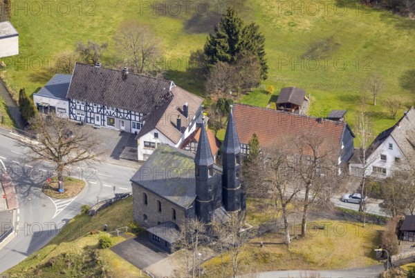 Aerial view, protestant church in Banfe, Bad Laasphe, Siegerland, North Rhine-Westphalia, Germany, place of worship, DE, Europe, religious community, place of worship, holy place, church, parish, denomination, aerial view, aerial photography, aerial photography, religion, religious site, overview, bird's-eye view, overview