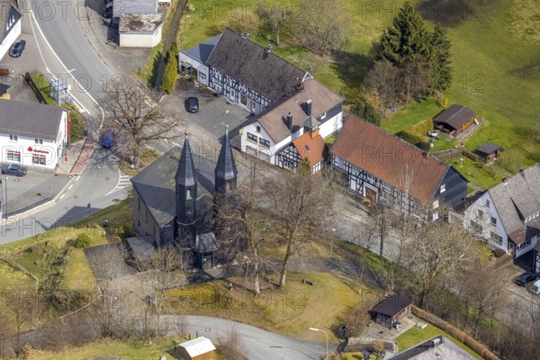 Aerial photo, Protestant church in Banfe, Bad Laasphe, Siegerland, North Rhine-Westphalia, Germany, DE, Europe, aerial view, aerial photography, aerial photography, overview, bird's-eye view, overview